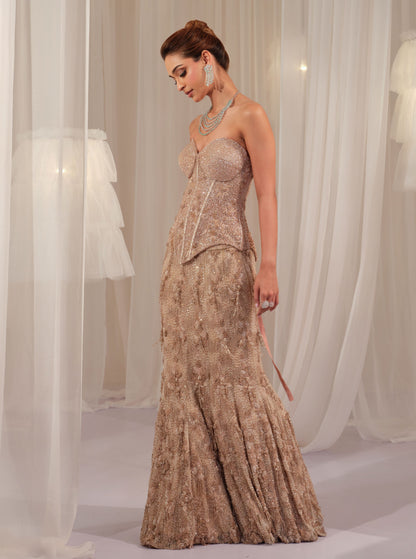 Champagne Peach Corset With Fishcut Lehenga
