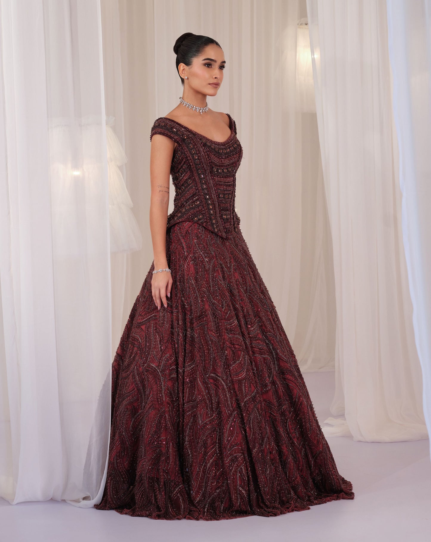 Deep Wine Hand Embellished Corset With Lehenga