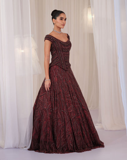 Deep Wine Hand Embellished Corset With Lehenga