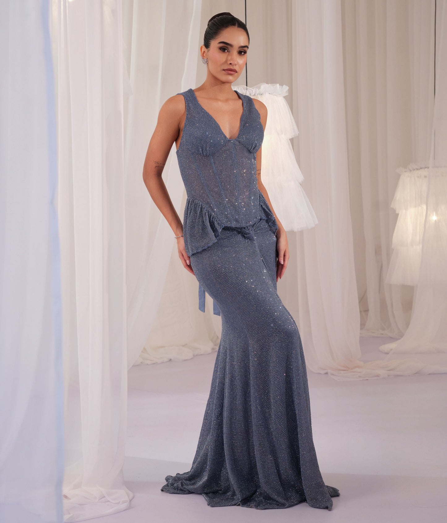 Frozen Blue Hand Embellished Corset With Skirt