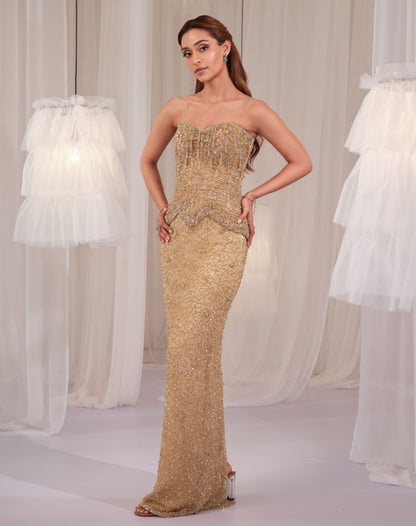 Golden Muse Hand Embellished Corset With Pencil Skirt