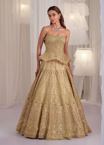 Gold Hand Embellished Sculpted Corset With Raw Silk Lehenga & Dupatta
