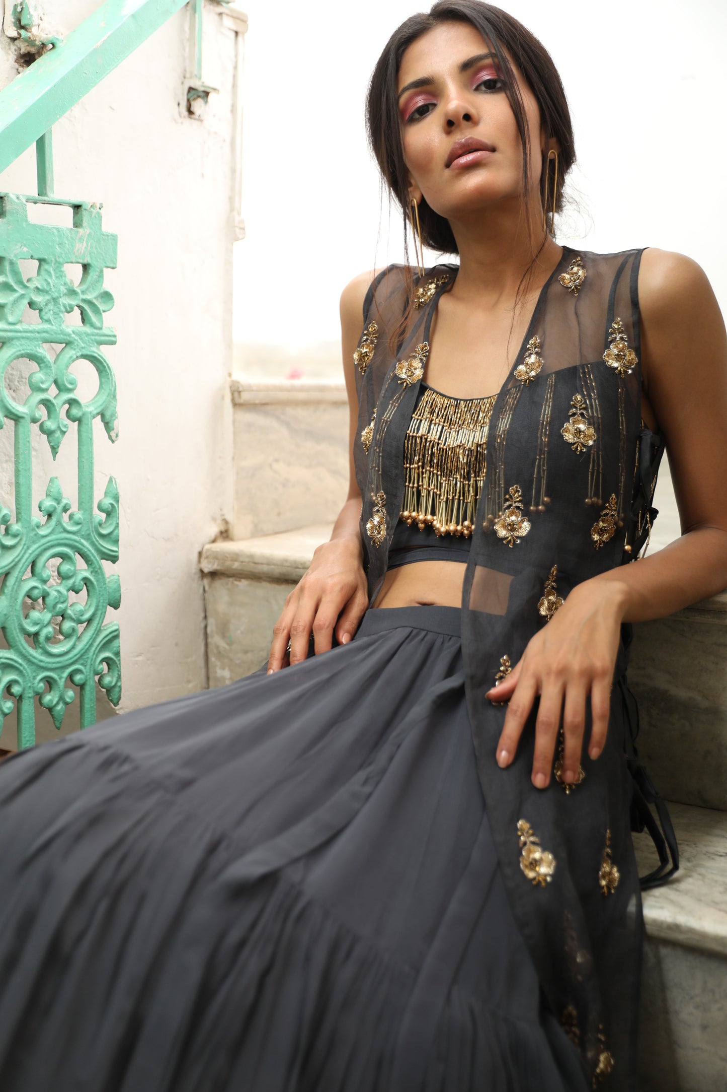 CHARCOAL GREY TIERED LEHENGA WITH EMBROIDERED CAPE SET