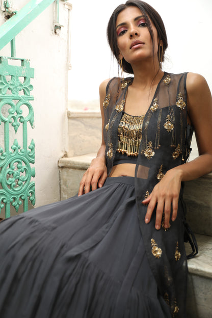 CHARCOAL GREY TIERED LEHENGA WITH EMBROIDERED CAPE SET