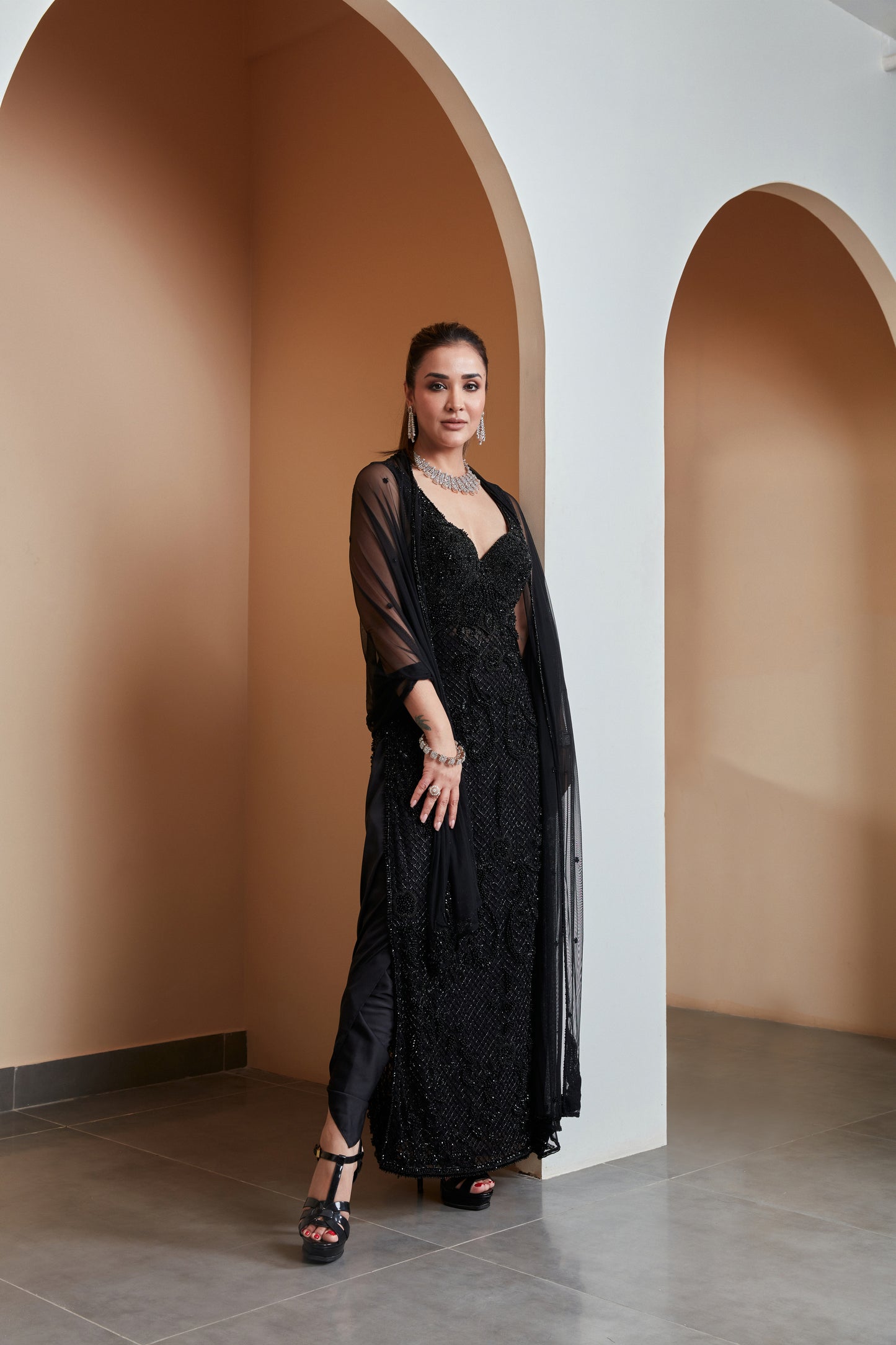 Black Long fully embellished straight cut kurti with Lungi and net dupatta