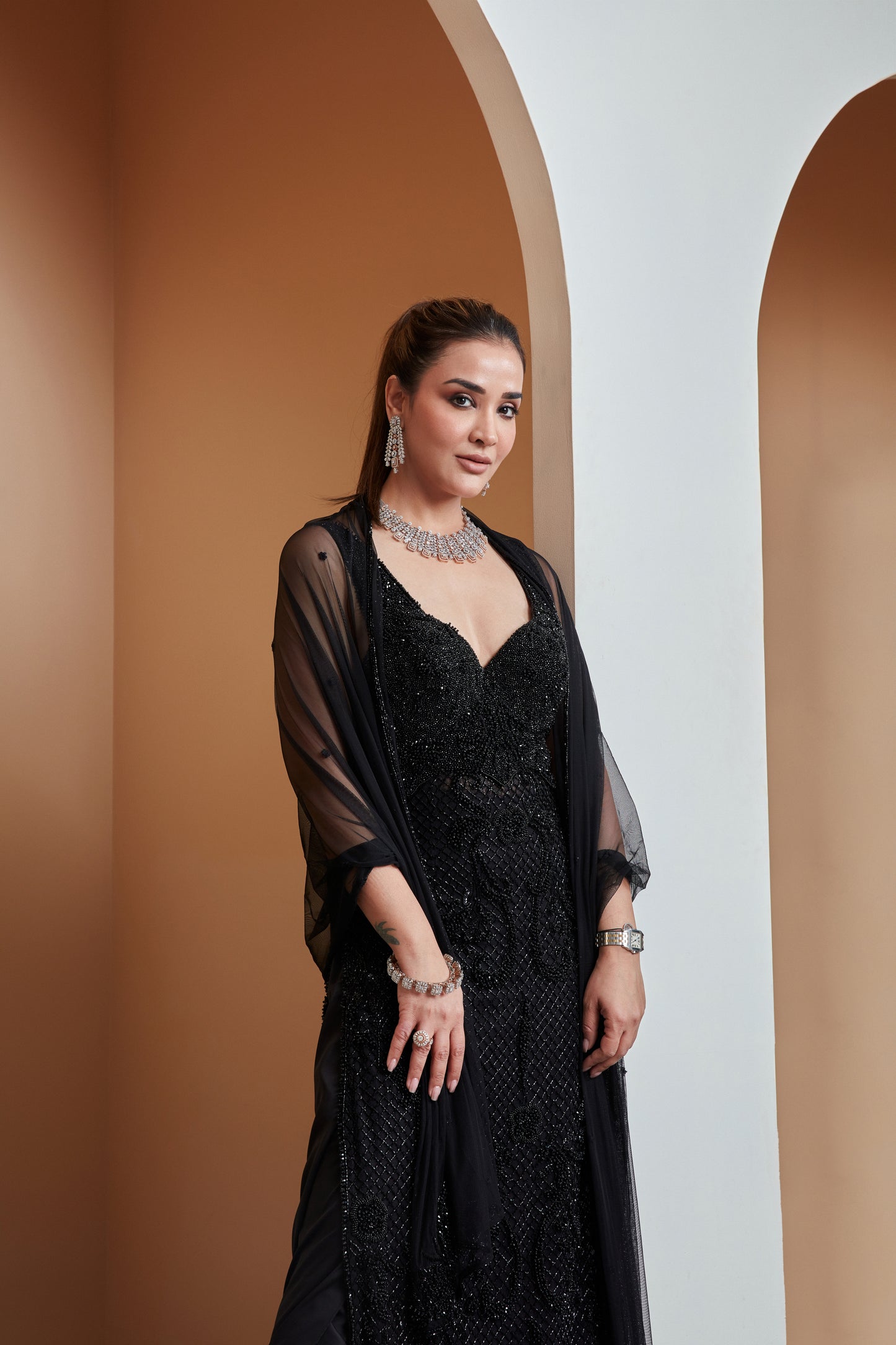 Black Long fully embellished straight cut kurti with Lungi and net dupatta