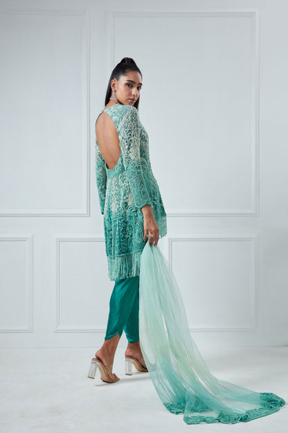 GREEN OMBRE HI-LOW ANARKALI SET