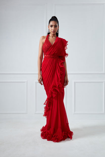 RED EMBROIDERED RUFFLE SAREE SET