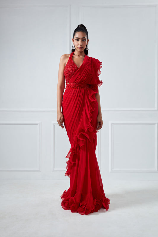 RED EMBROIDERED RUFFLE SAREE SET