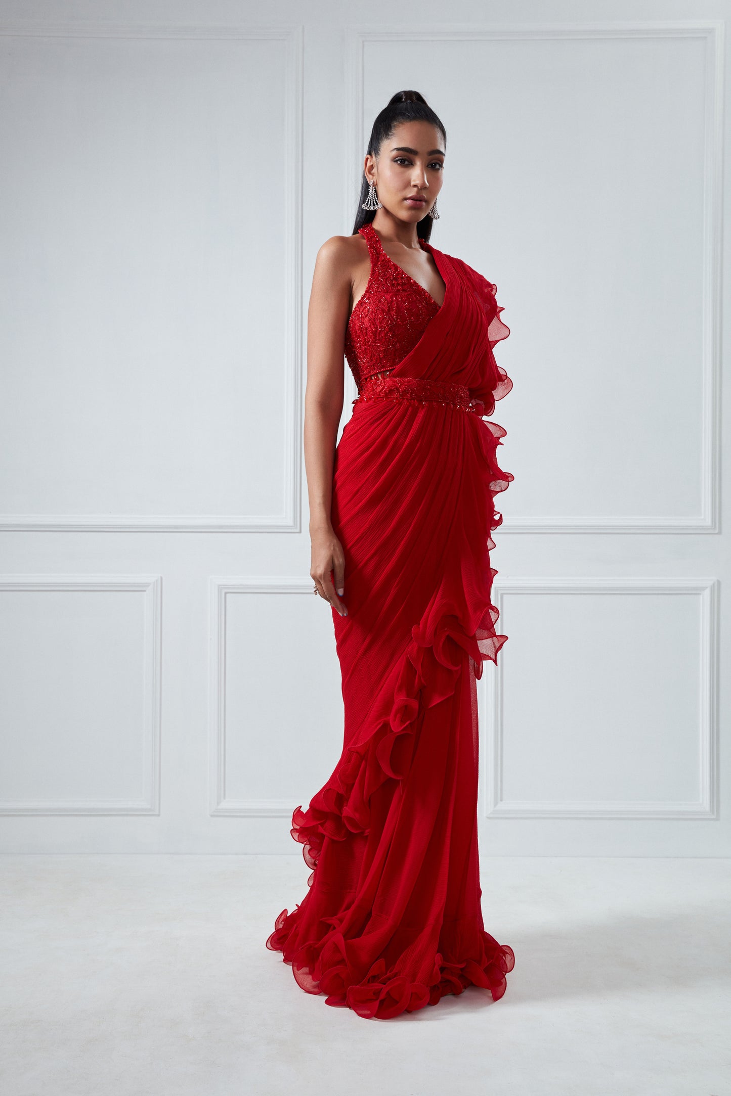 RED EMBROIDERED RUFFLE SAREE SET