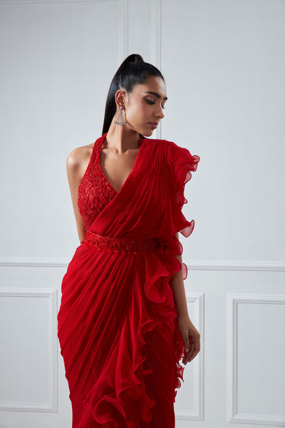 RED EMBROIDERED RUFFLE SAREE SET