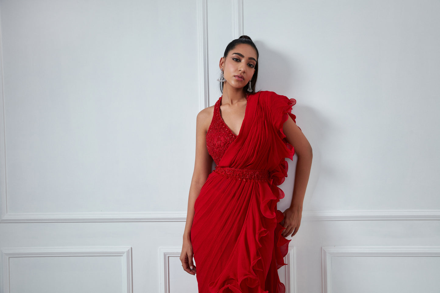 RED EMBROIDERED RUFFLE SAREE SET