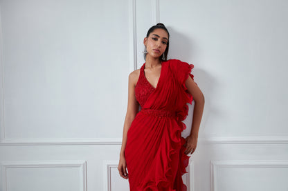 RED EMBROIDERED RUFFLE SAREE SET