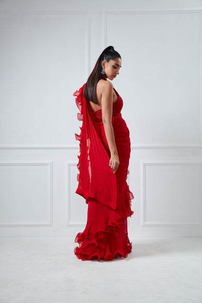RED EMBROIDERED RUFFLE SAREE SET