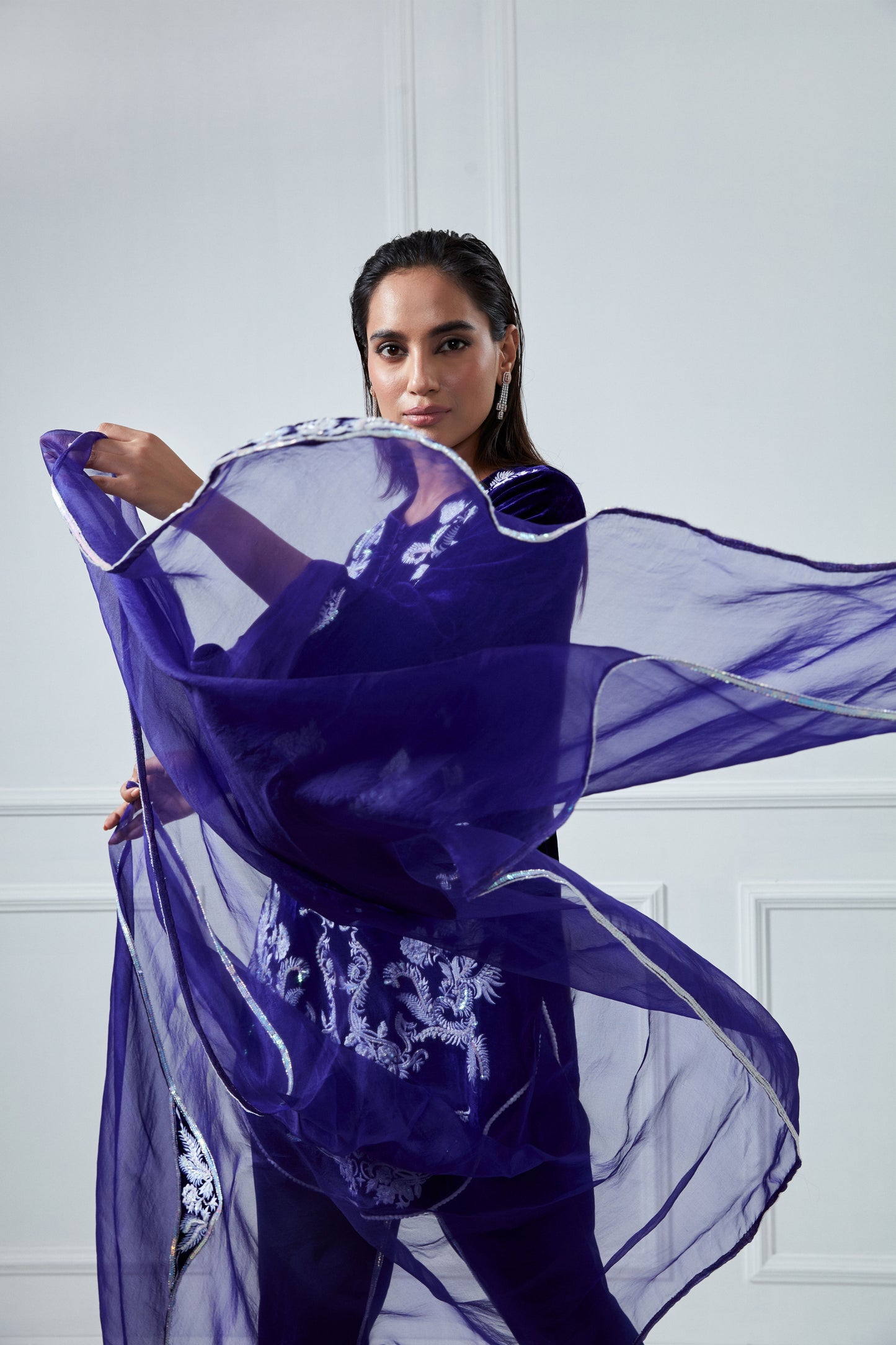 PURPLE EMBROIDERED TOP AND LUNGI SET