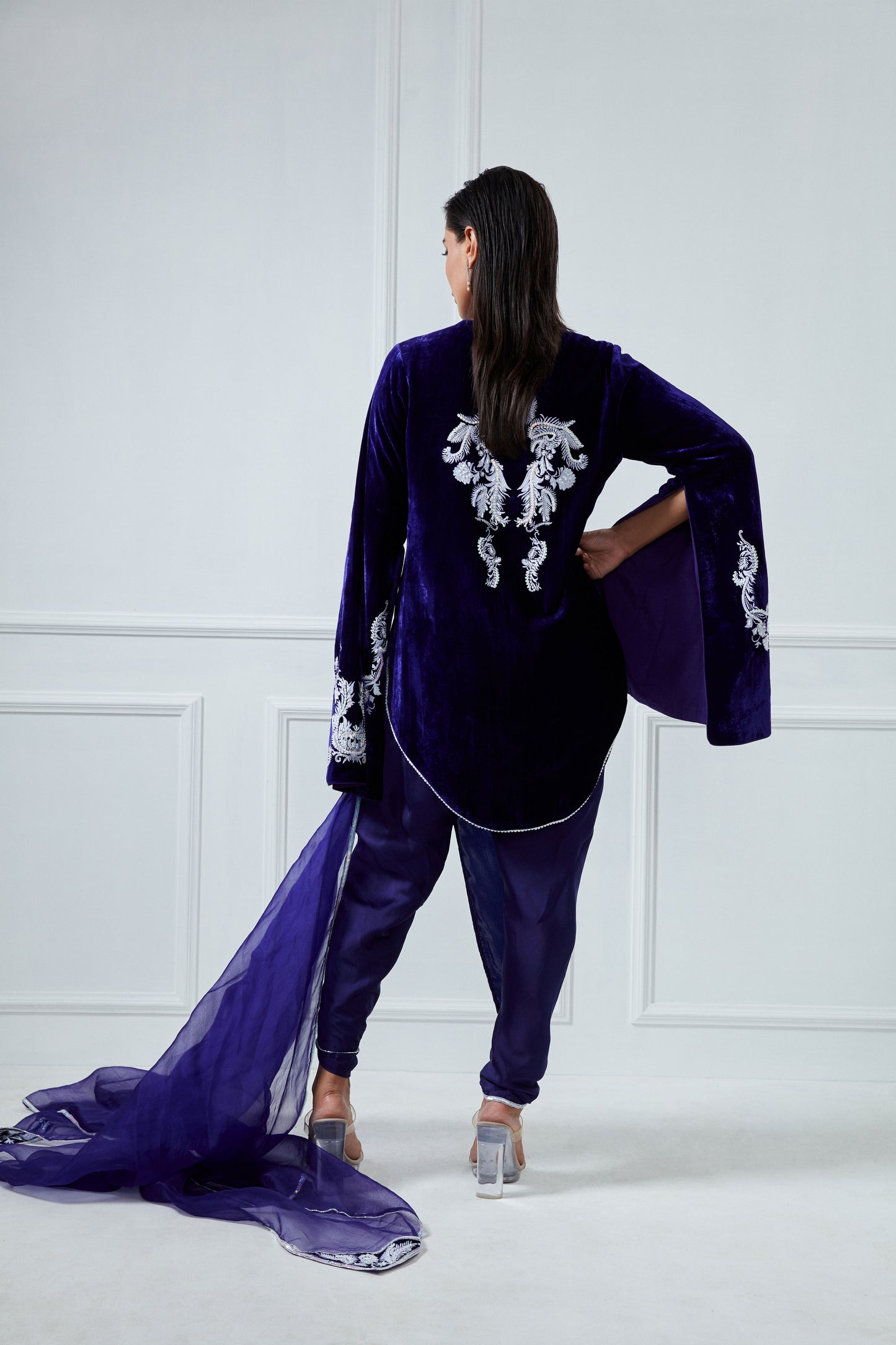 PURPLE EMBROIDERED TOP AND LUNGI SET