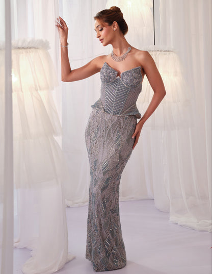 Ice Blue Cutwork Corset With Pencil Skirt