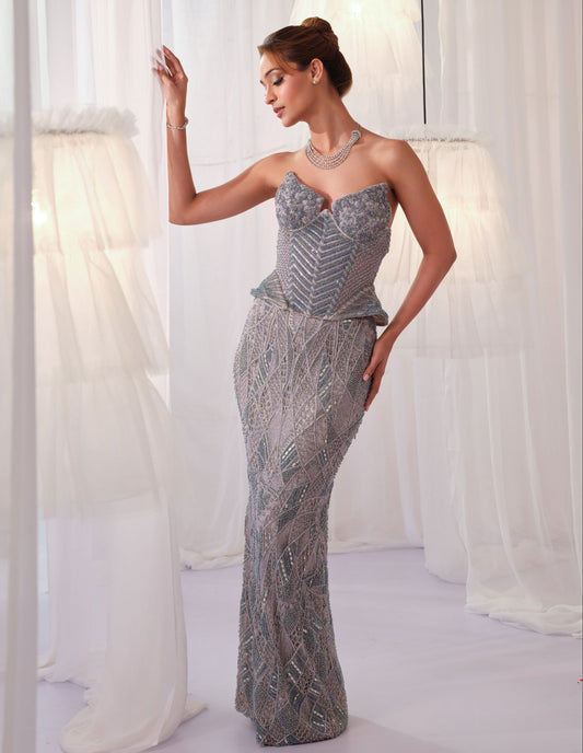 Ice Blue Cutwork Corset With Pencil Skirt