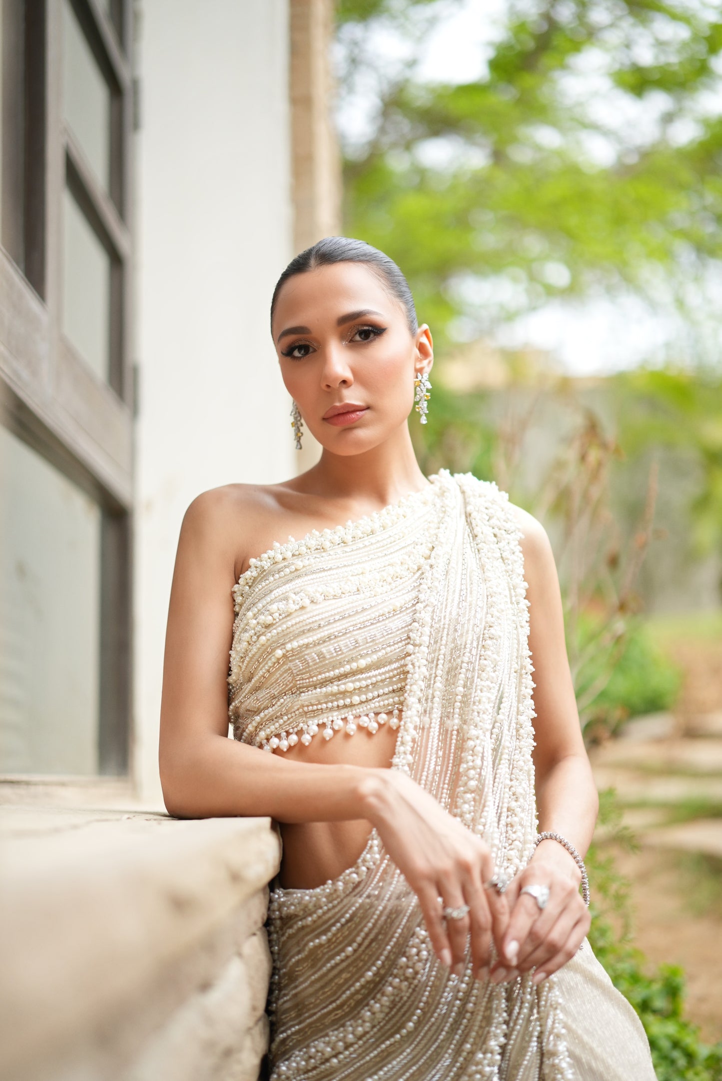 Pre-stitched One Shoulder pearls and crystal sari