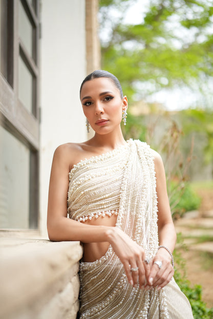 Pre-stitched One Shoulder pearls and crystal sari