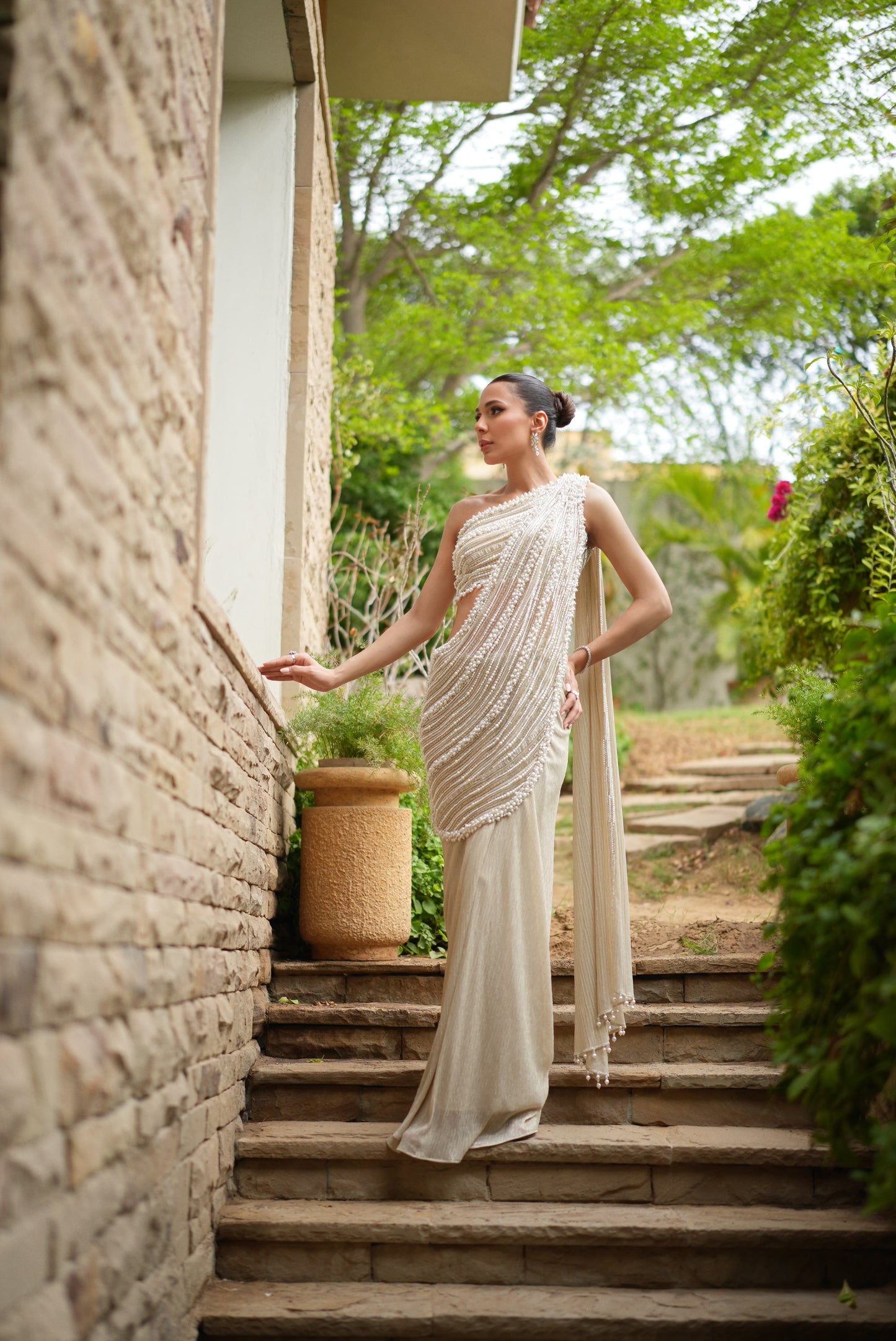 Pre-stitched One Shoulder pearls and crystal sari