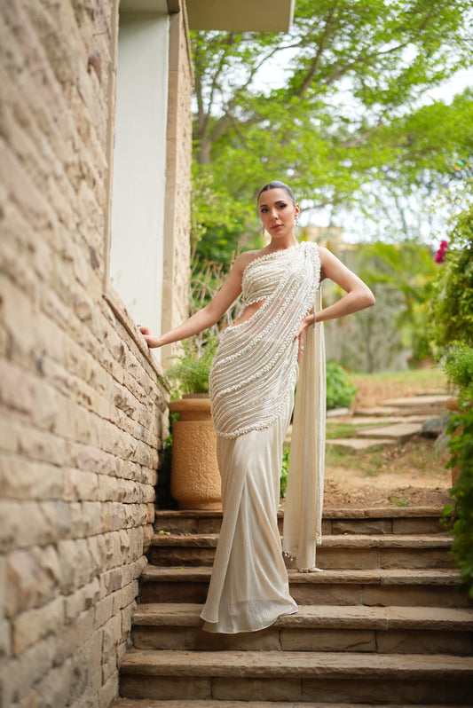 Pre-stitched One Shoulder pearls and crystal sari