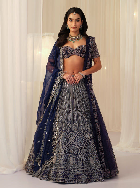 Indigo Hand Embellished Blouse With Raw Silk Lehenga & Dupatta