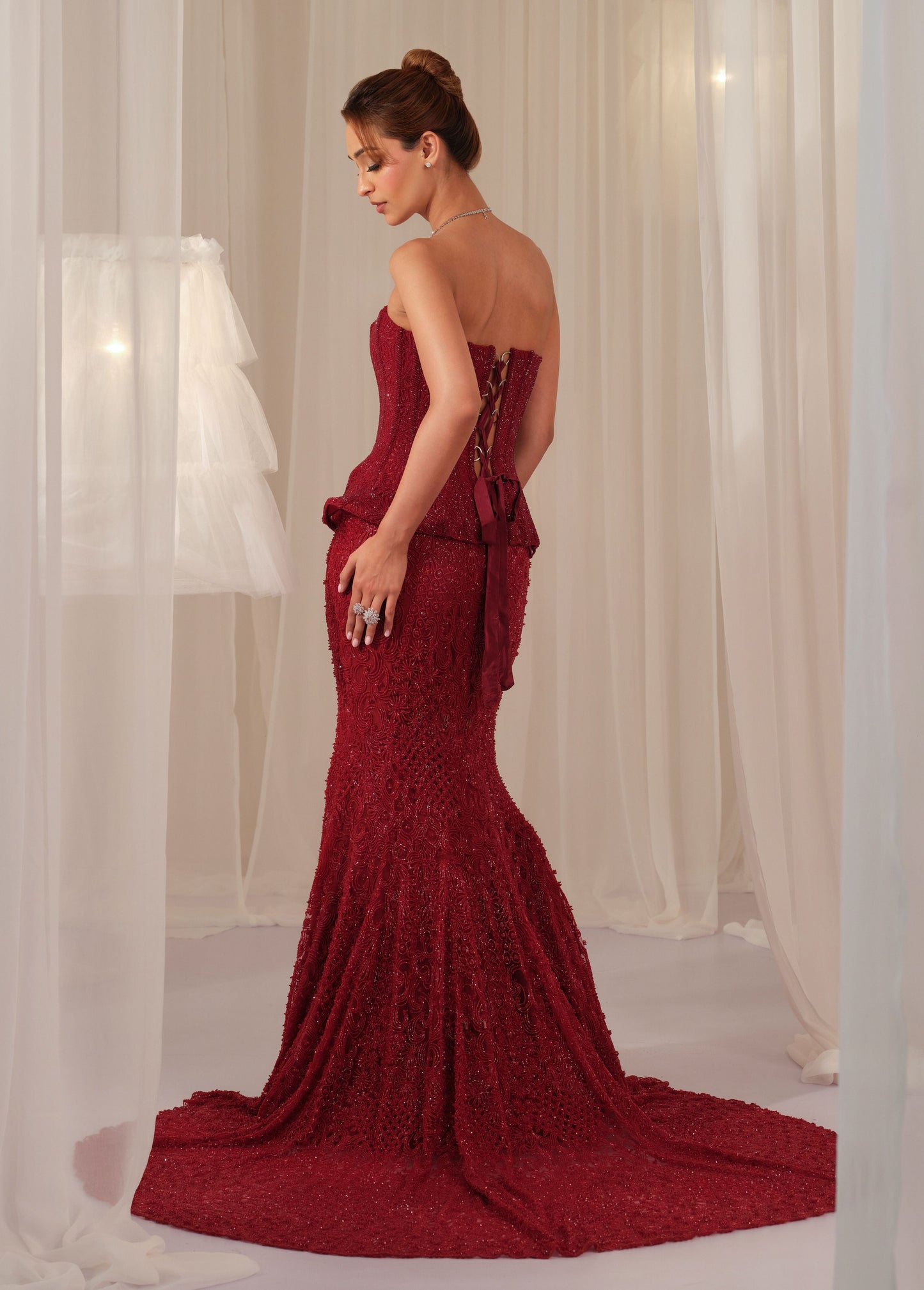 Maroon Corset With Fishcut Lehenga
