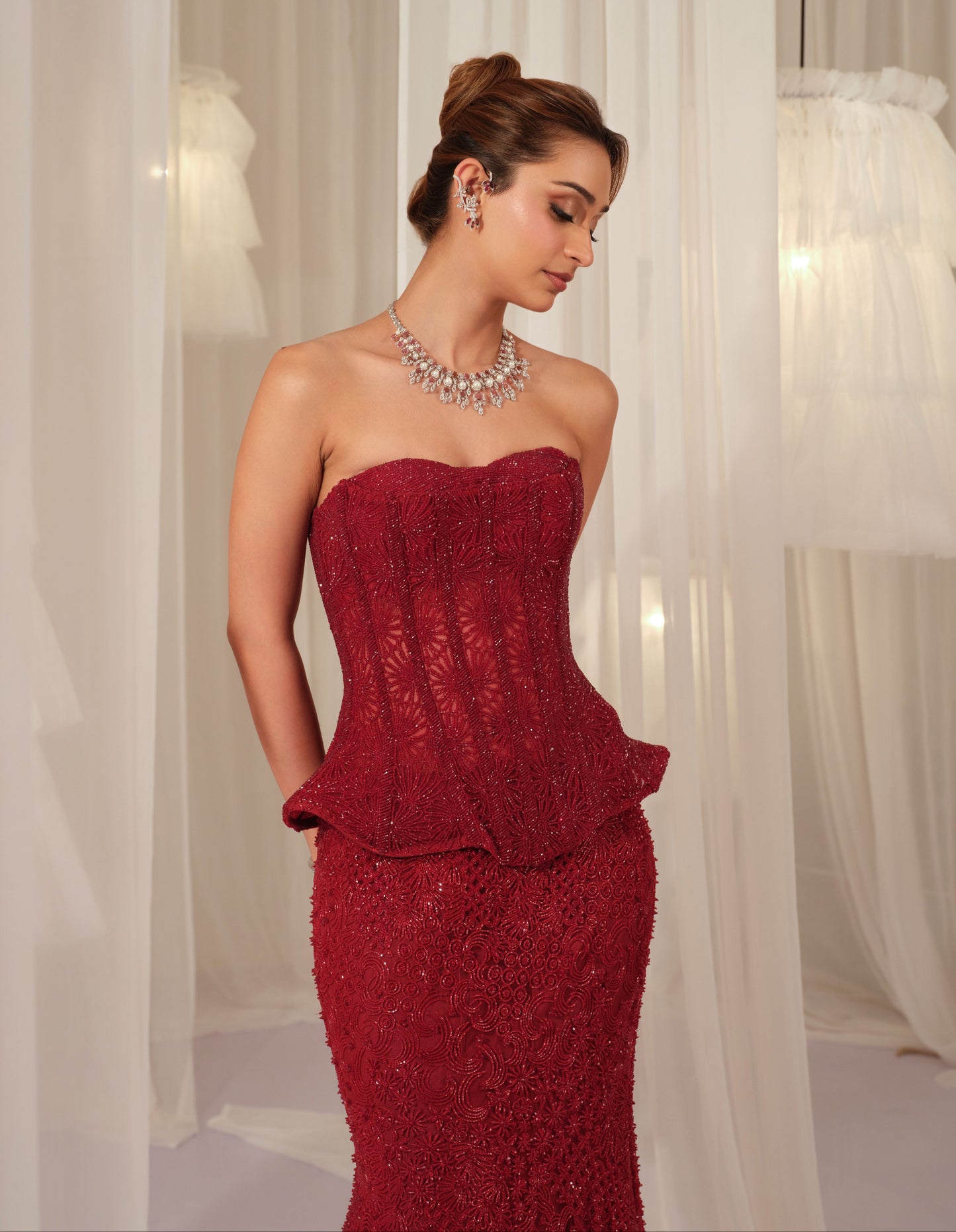 Maroon Corset With Fishcut Lehenga