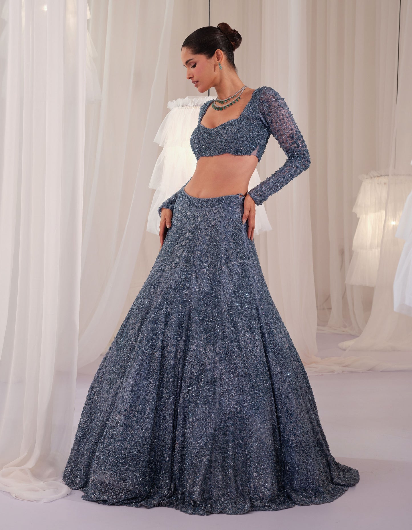 Metallic Blue Hand Embellished Blouse With Lehenga & Dupatta