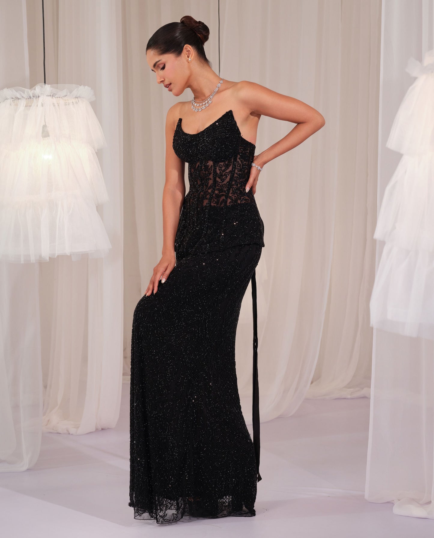 Black Embellished Corset With Pencil Skirt