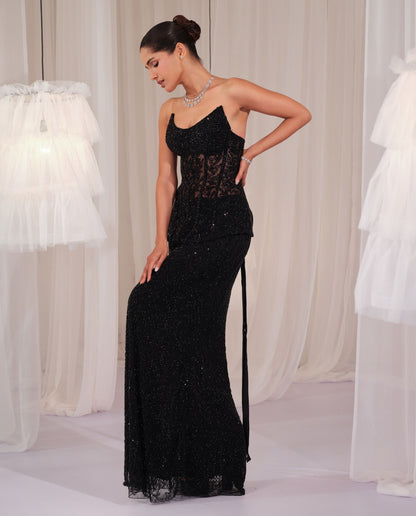 Black Embellished Corset With Pencil Skirt