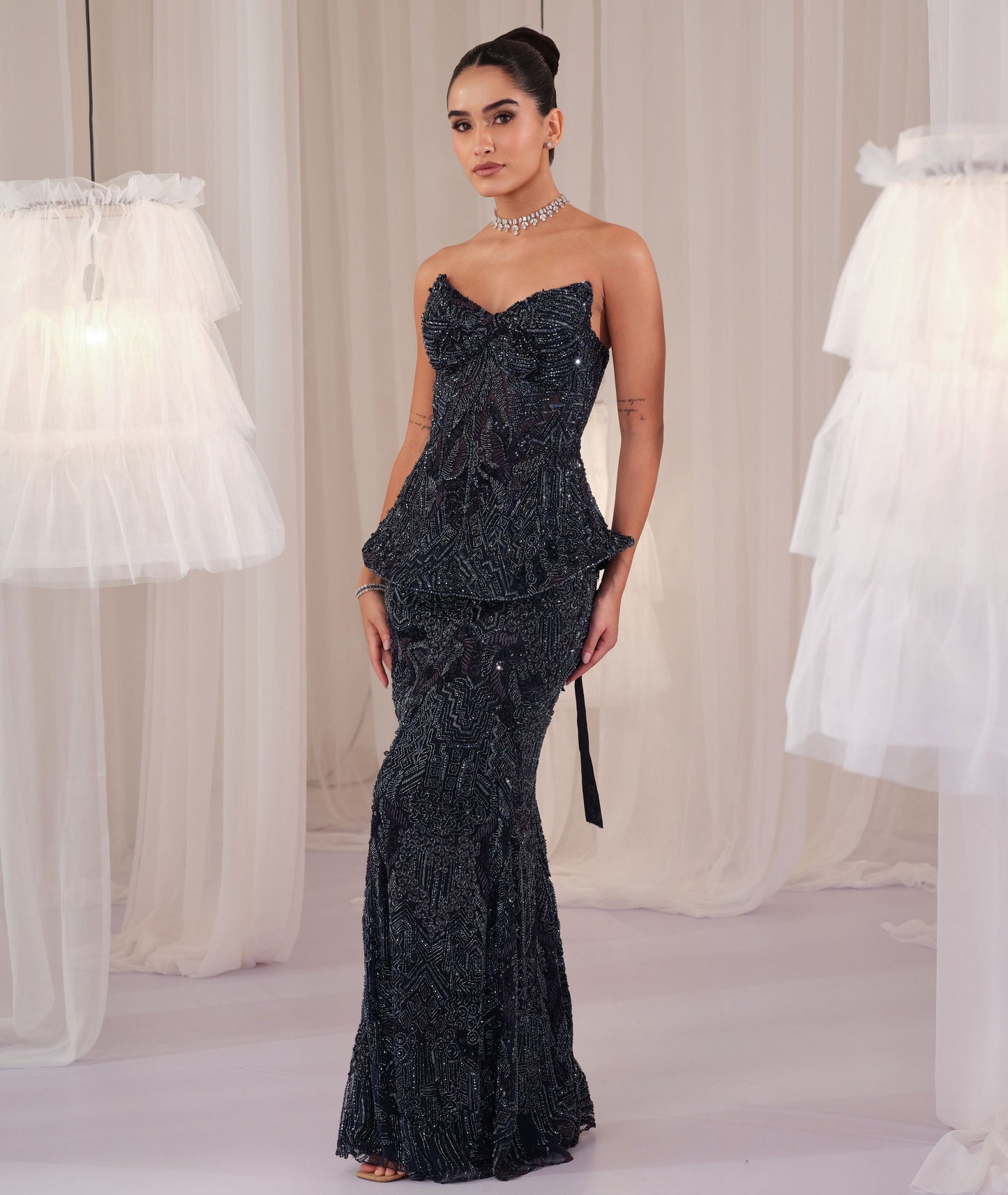 Midnight Blue Embellished Corset With Pencil Skirt