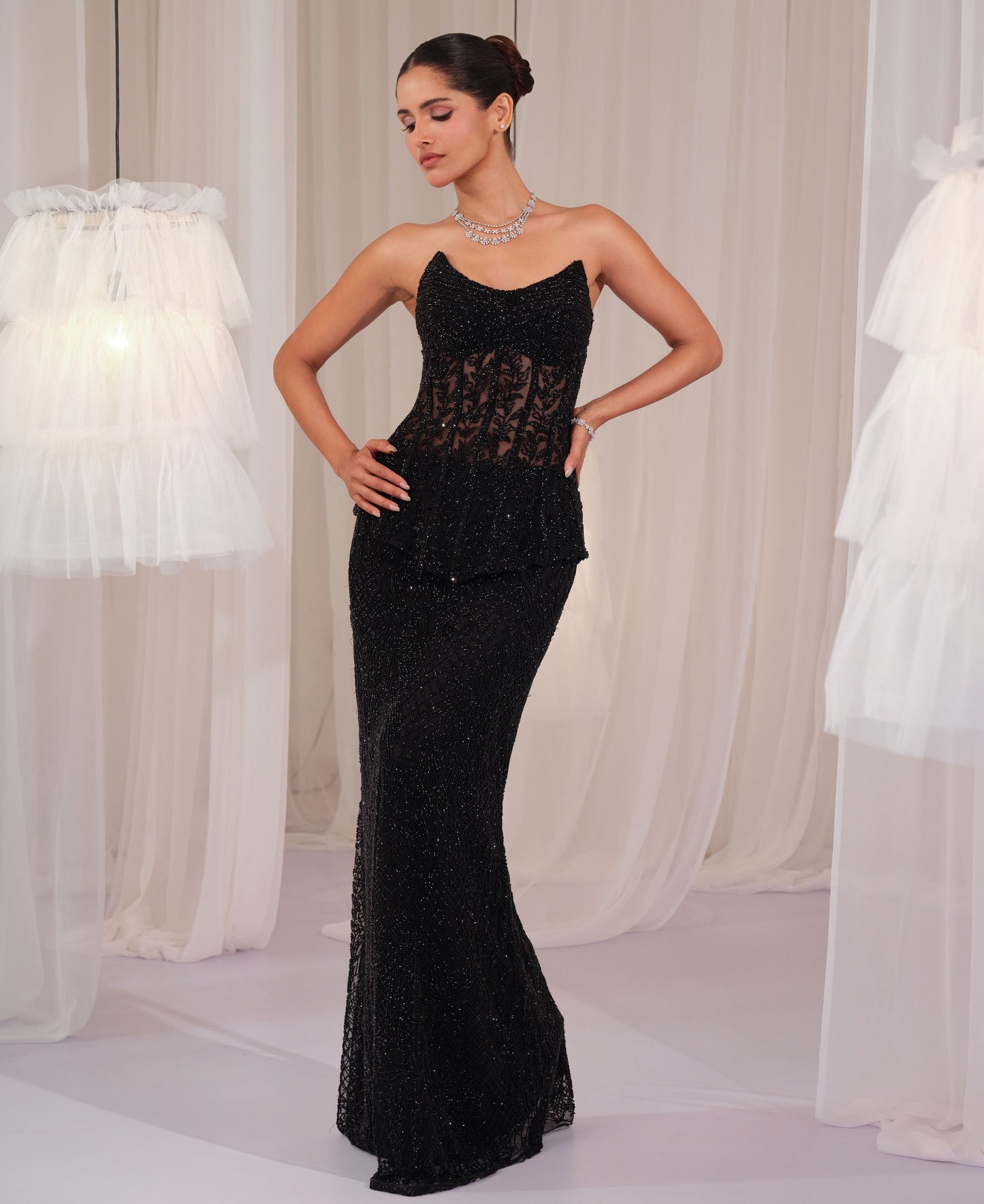 Black Embellished Corset With Pencil Skirt