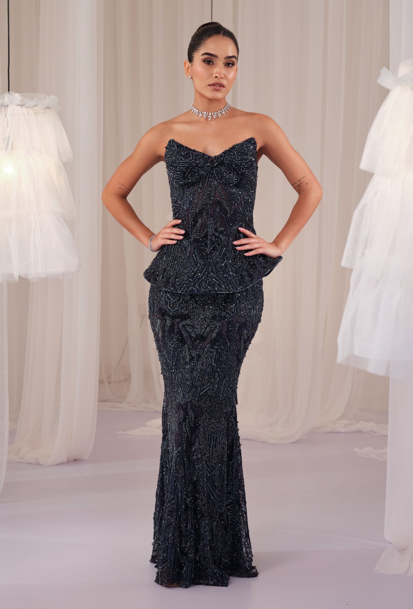 Midnight Blue Embellished Corset With Pencil Skirt