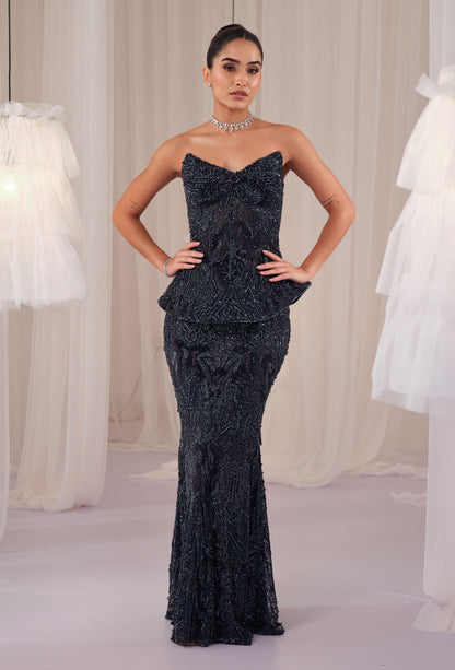 Midnight Blue Embellished Corset With Pencil Skirt