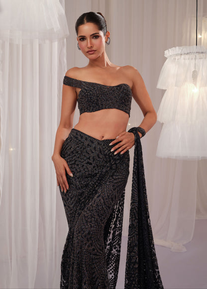Navy Shimmery Draped Saree With Blouse