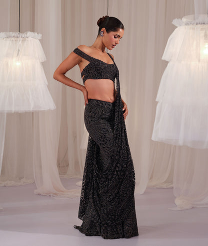 Navy Shimmery Draped Saree With Blouse