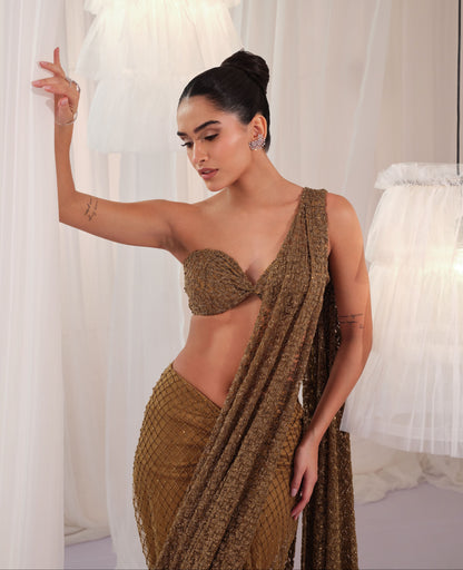 Olive Gold Draped Saree With Blouse