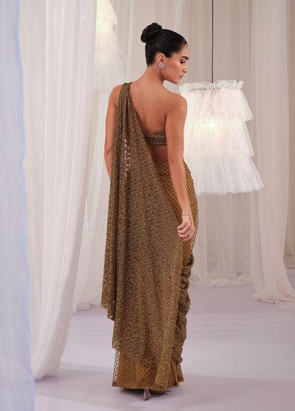Olive Gold Draped Saree With Blouse
