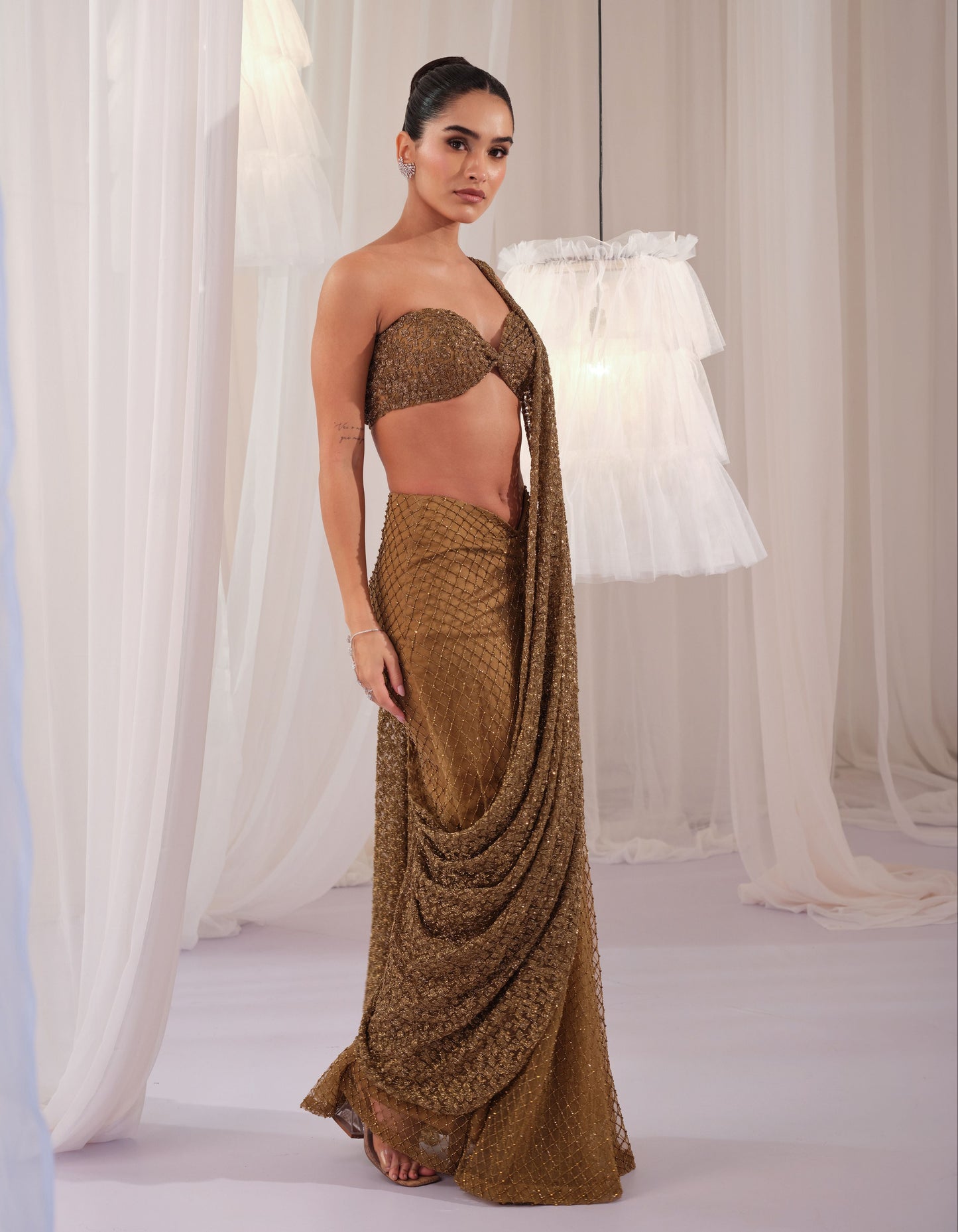 Olive Gold Draped Saree With Blouse
