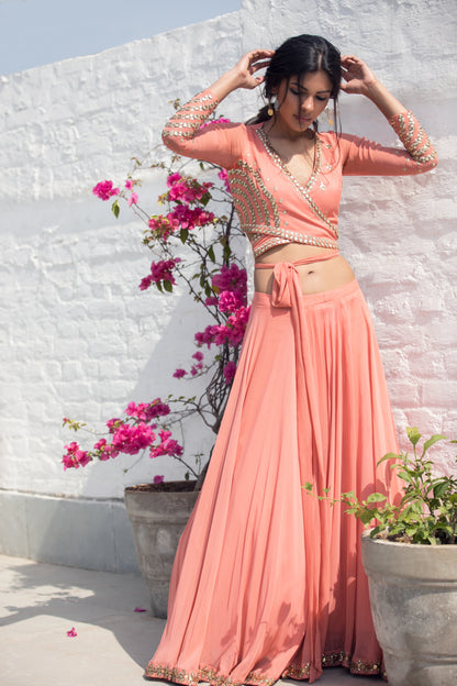 PEACH WRAP AROUND LEHENGA SET