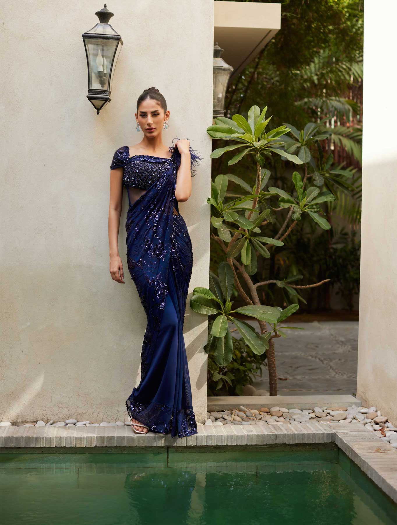 Midnight Blue Feathered Saree - One piece