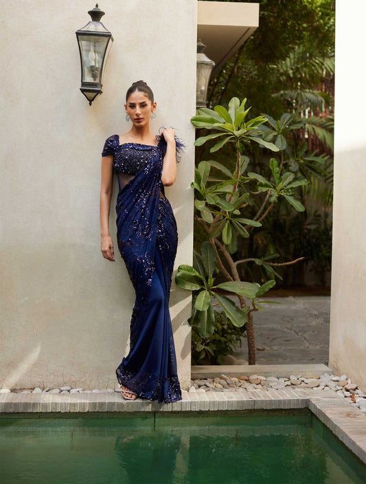 Midnight Blue Feathered Saree - One piece