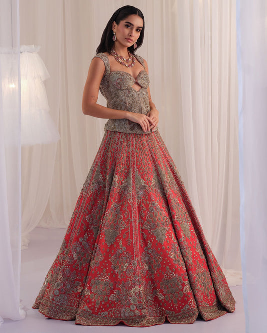 Red Hand Embellished Corset with Raw Silk Lehenga & Dupatta