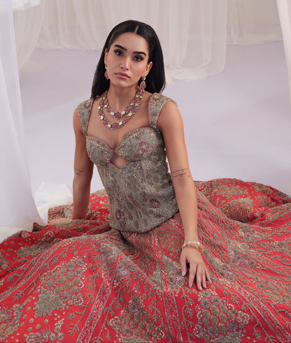 Red Hand Embellished Corset with Raw Silk Lehenga & Dupatta