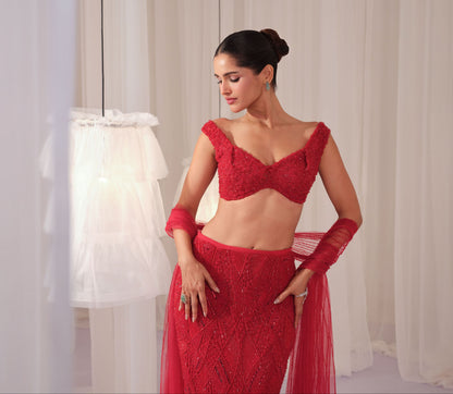 Ruby Pencil Skirt With Blouse & Dupatta