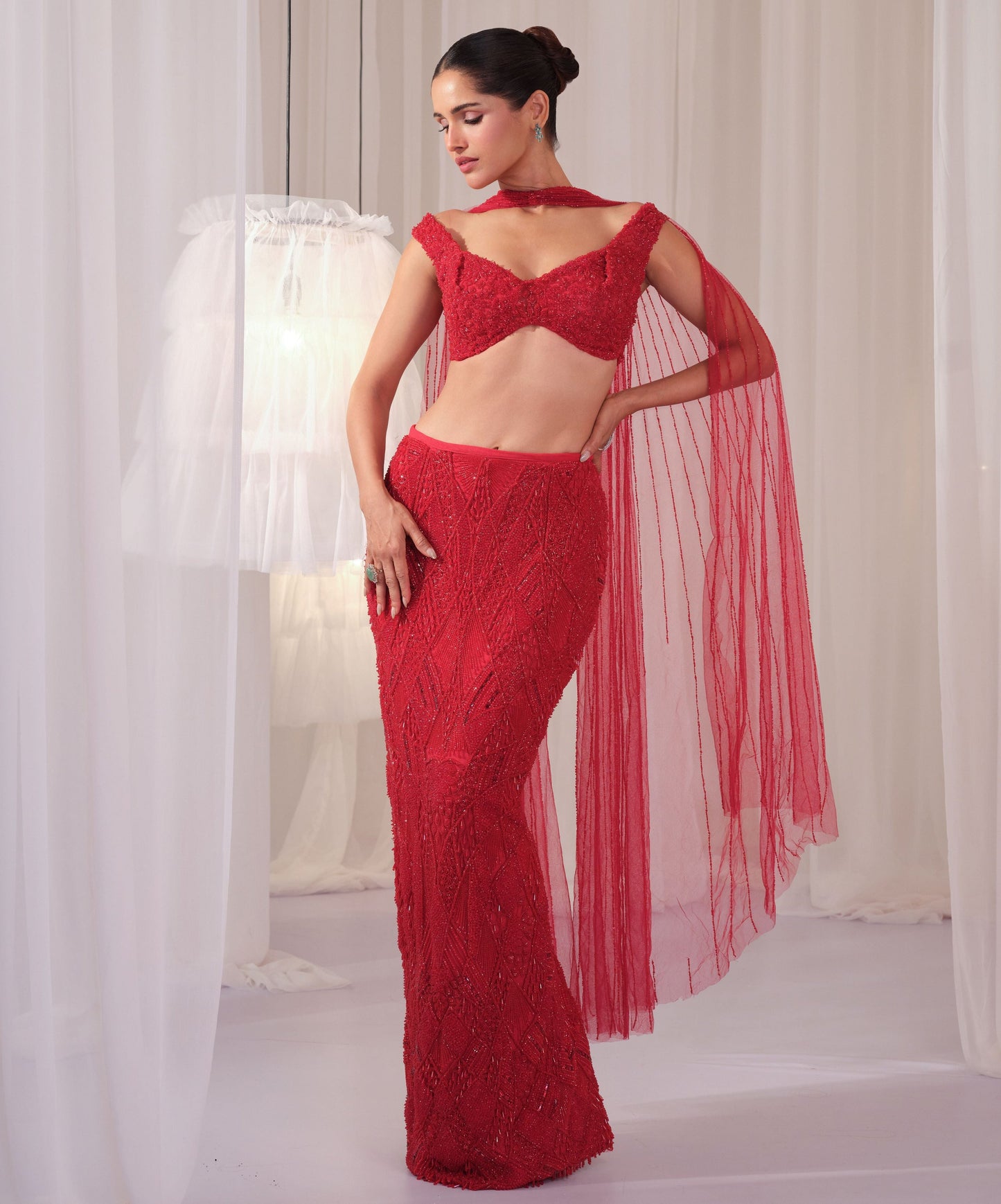 Ruby Pencil Skirt With Blouse & Dupatta