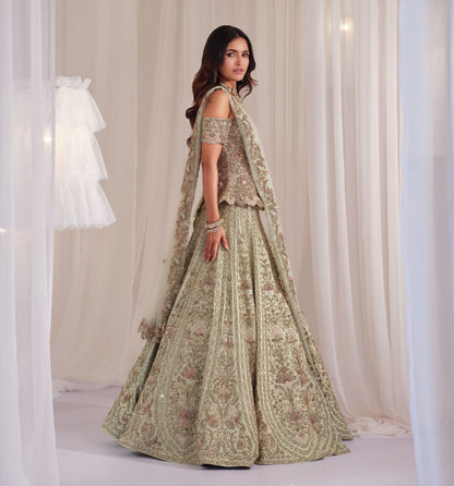 Sage Green Hand Embellished Peplum Corset with Lehenga & Dupatta