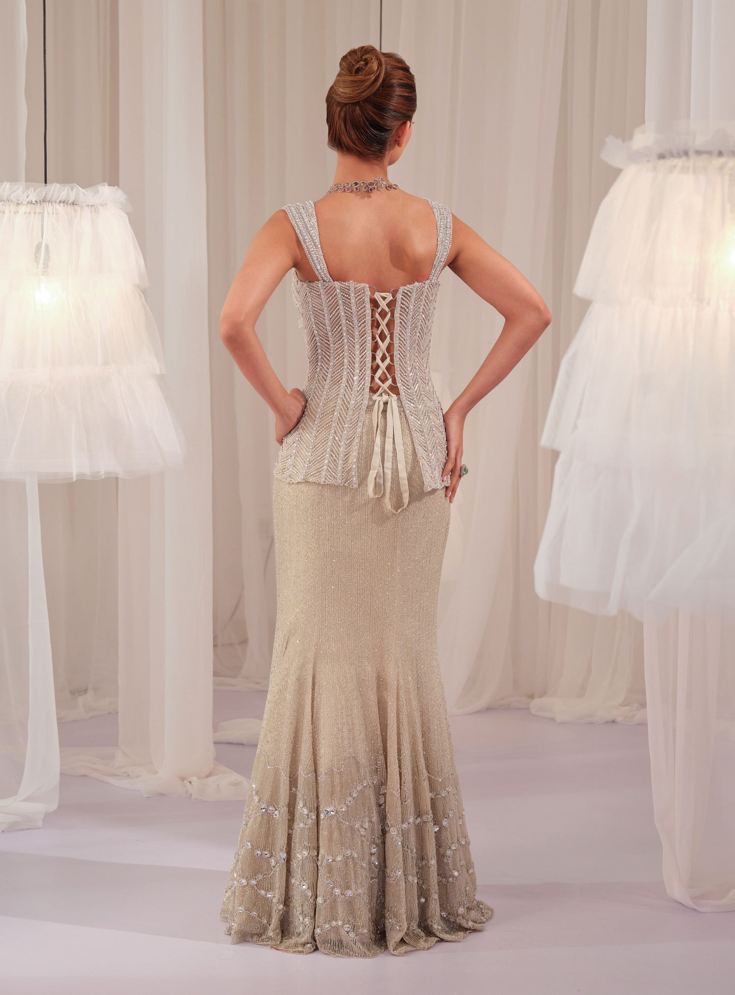 Silver Starlight Corset With Fishcut Lehenga